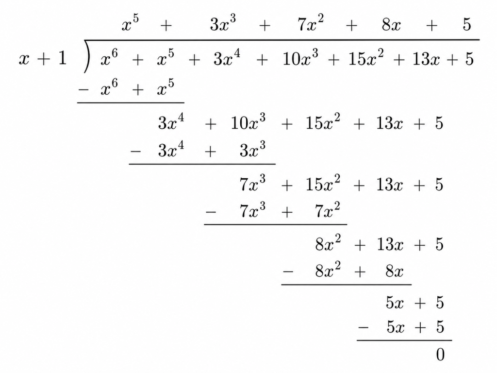 Pisemne dzielenie wielomianu x^6 + x^5 + 3x^4 + 10x^3 + 15x^2 + 13x + 5 przez dwumian x+1