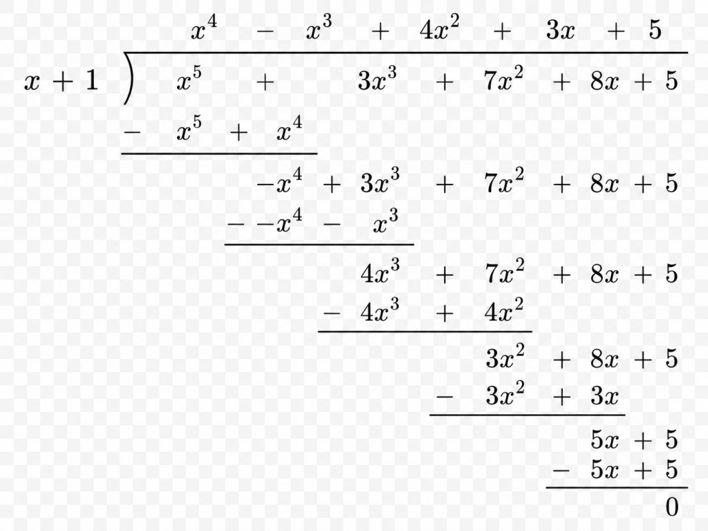 Pisemne dzielenie wielomianu x^5 + 3x^3 + 7x^2 + 8x + 5 przez dwumian x+1
