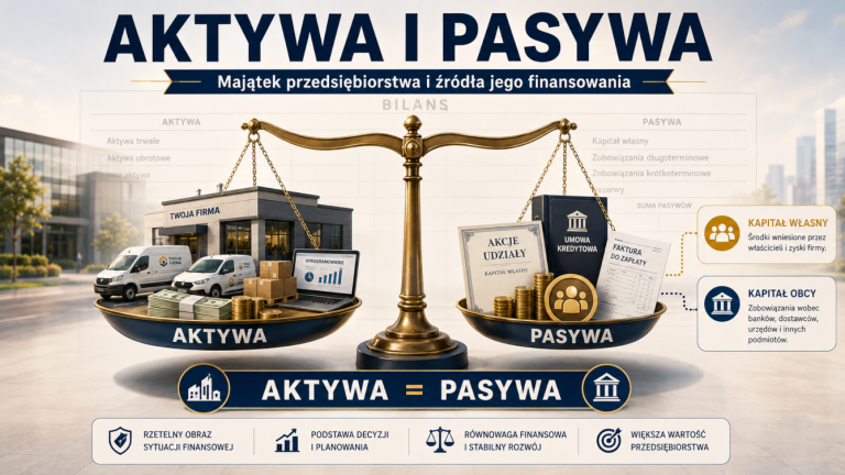 Ilustracja tytułowa do artykułu o aktywach i pasywach. Przedstawia wagę z aktywami na jednej a pasywami na drugiej szali.