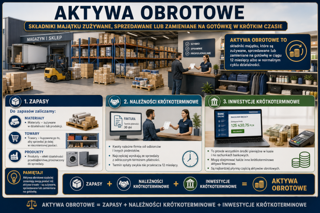 Ilustracja pokazująca składniki aktywów obrotowych: zapasy, należności krótkoterminowe oraz inwestycje krótkoterminowe.