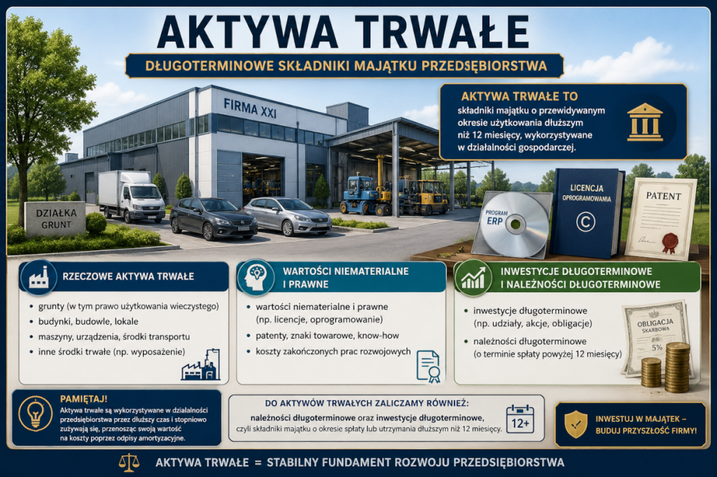 Ilustracja pokazująca czym są aktywa trwałe i jakie są ich składniki: wartości niematerialne i prawne, rzeczowe aktywa trwałe, należności długoterminowe oraz inwestycje długoterminowe.