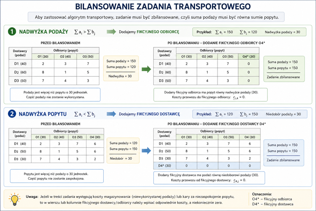 Schemat przedstawiający zasadę bilansowania zadania transportowego, poprzez dodanie fikcyjnego dostawcy lub fikcyjnego odbiorcy.