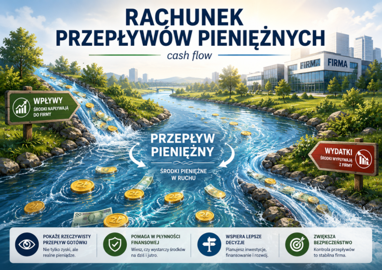 Ilustracja do artykułu o rachunku przepływów pieniężnych. Nawiązuje do analogii przepływu pieniędzy, jako rzeki, strumienia.