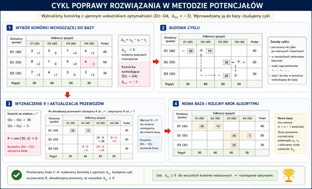 Schemat cyklu poprawy rozwiązania w metodzie potencjałów.