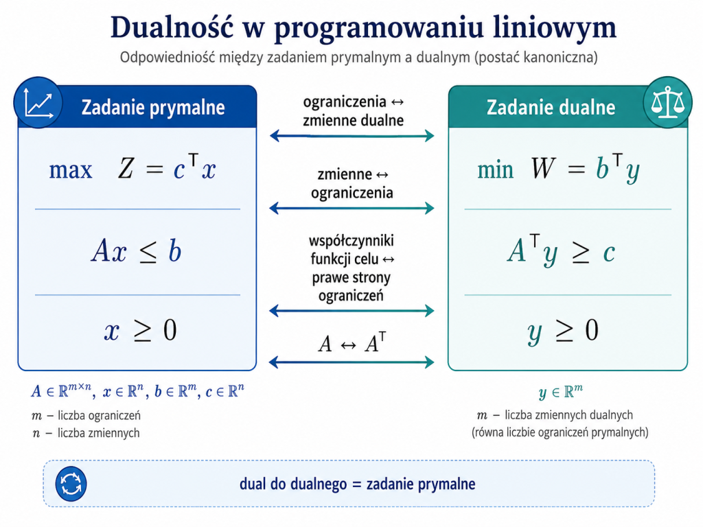 Ilustracja przedstawiająca odpowiedniość elementów pomiędzy zadaniem prymalnym a dualnym.