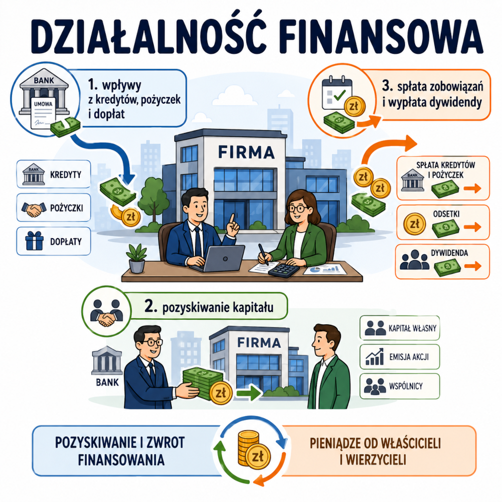 Ilustracja pokazująca składowe wpływów i wydatków z działalności finansowej przedsiębiorstwa.