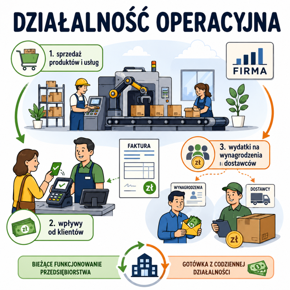 Ilustracja pokazująca składowe wpływów i wydatków z działalności operacyjnej przedsiębiorstwa.