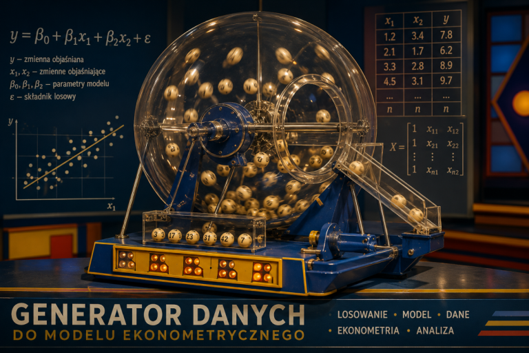 Ilustracja do generatora danych do modelu ekonometrycznego. Inspirowana dawną maszyną losującą Totalizatora Sportowego.