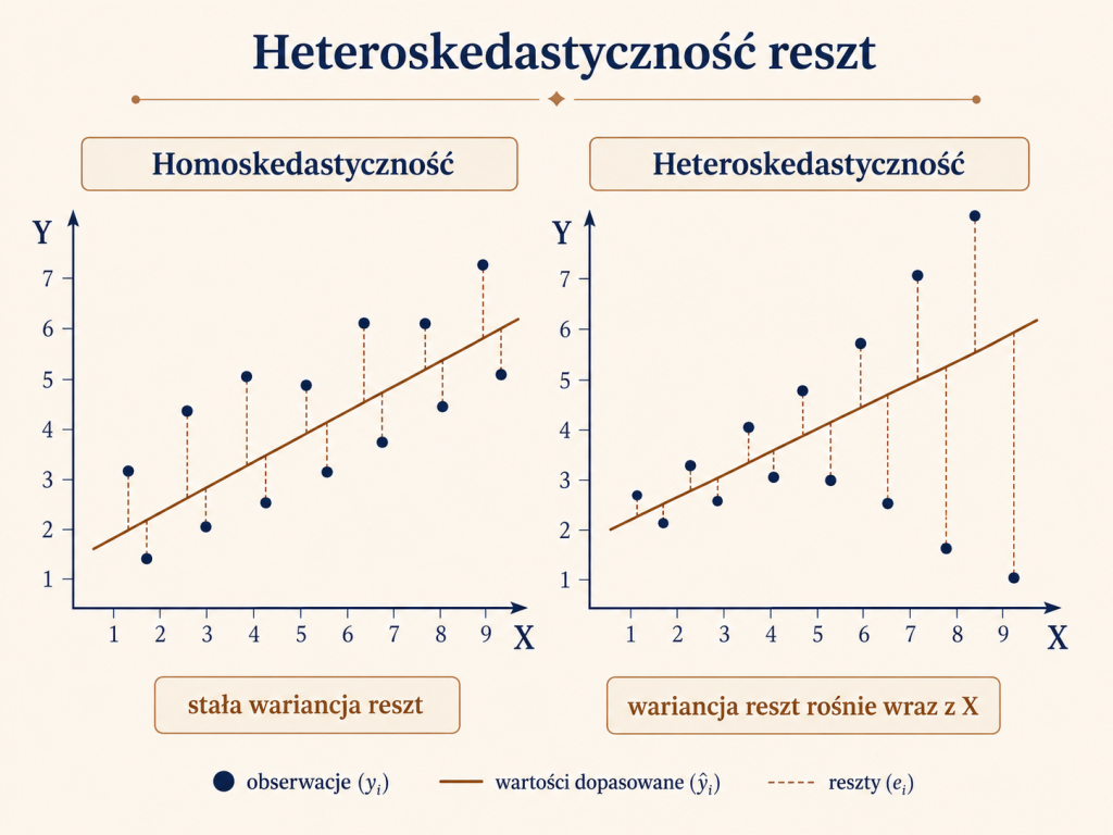 Porównanie homoskedastyczności i heteroskedastyczności reszt: po lewej stały rozrzut reszt, po prawej rozrzut reszt rosnący wraz z wartością zmiennej X.
