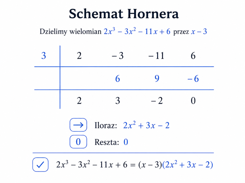Schemat Hornera dla dzielenia wielomianu przez dwumian x minus 3