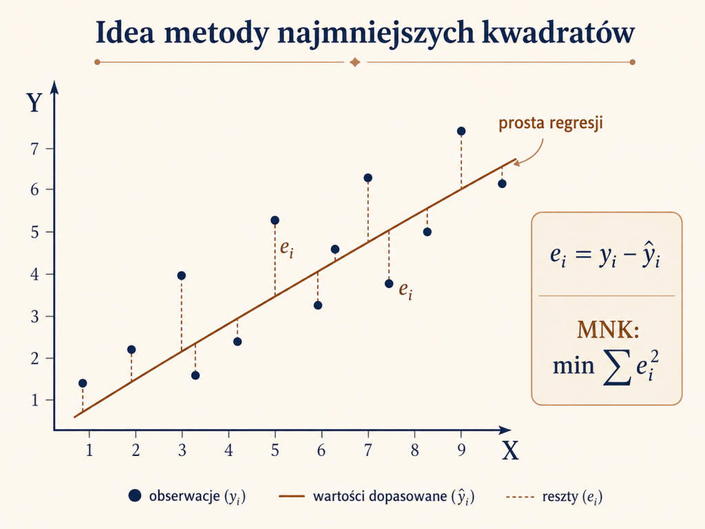 Wykres punktowy przedstawiający ideę metody najmniejszych kwadratów: obserwacje, prostą regresji, pionowe reszty oraz wzór minimalizacji sumy kwadratów reszt.