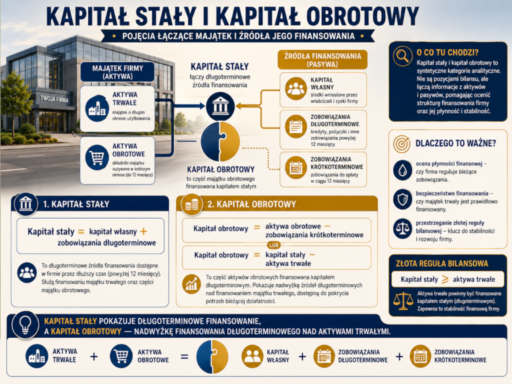 Ilustracja pokazująca, czym jest kapitał stały oraz kapitał obrotowy oraz złota reguła bilansowa.