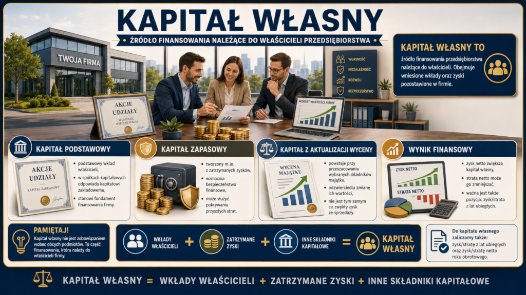 Ilustracja pokazująca składniki kapitału własnego: kapitał podstawowy, kapitał zapasowy, kapitał z aktualizacji wyceny.