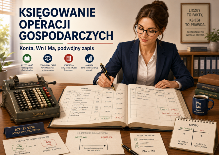 Ilustracja tytułowa do artykułu o księgowaniu operacji gospodarczych. Ładna księgowa pokazuje zapisy w księdze.