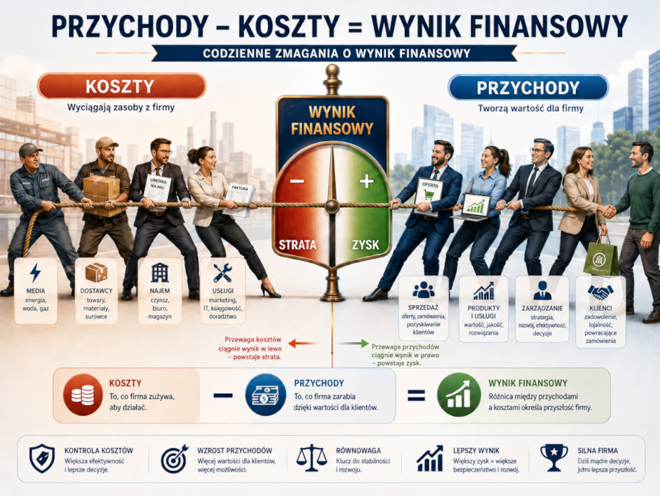 Grafika ilustrująca przychody i koszty w przedsiębiorstwie, jako przeciąganie liny.