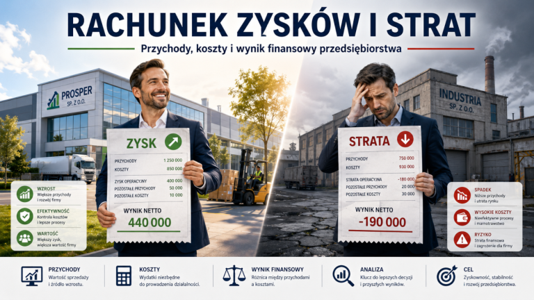 Ilustracja tytułowa do artykułu: rachunek zysków i strat, przychody i koszty w przedsiębiorstwie.