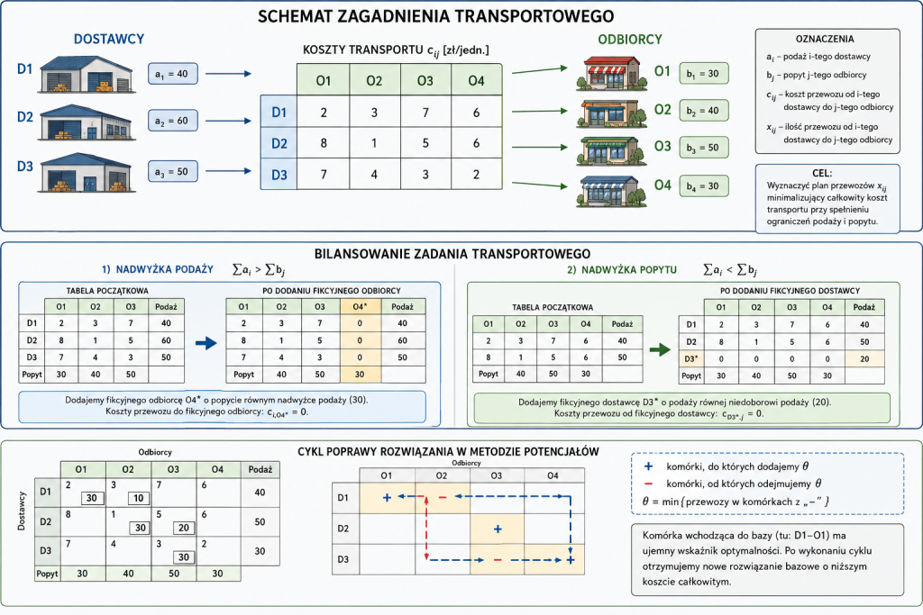 Schemat poglądowy zadania transportowego, jego bilansowania oraz cykl poprawy rozwiązania w metodzie potencjałów.