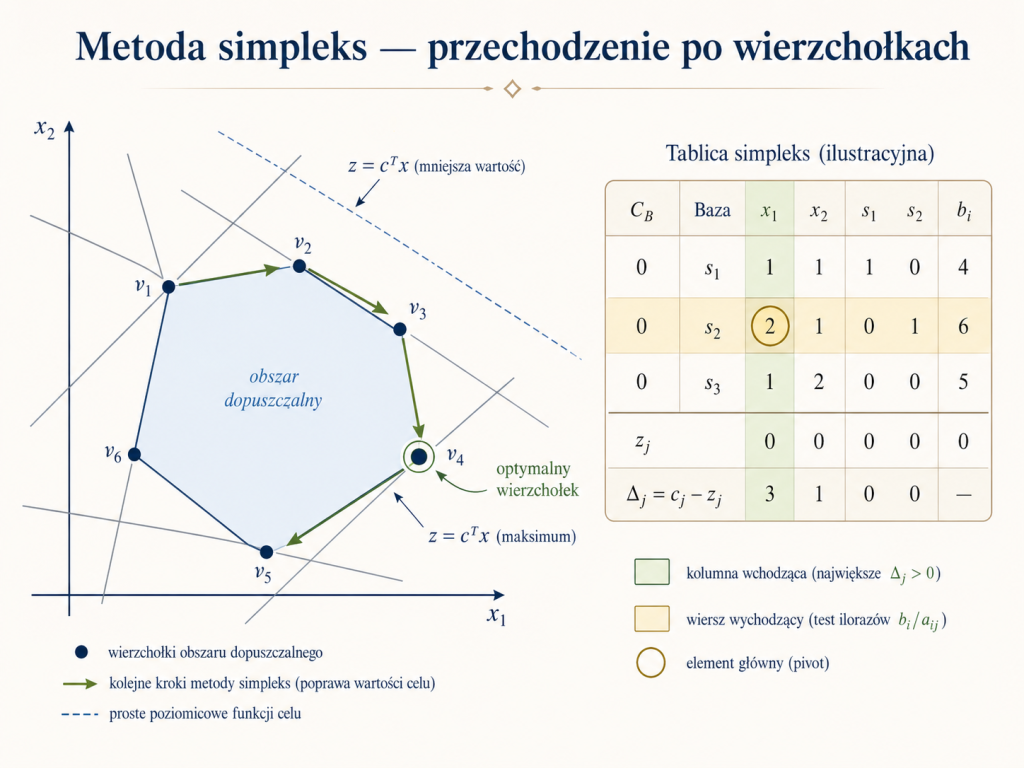 Metoda simpleks jako przechodzenie po wierzchołkach obszaru dopuszczalnego.