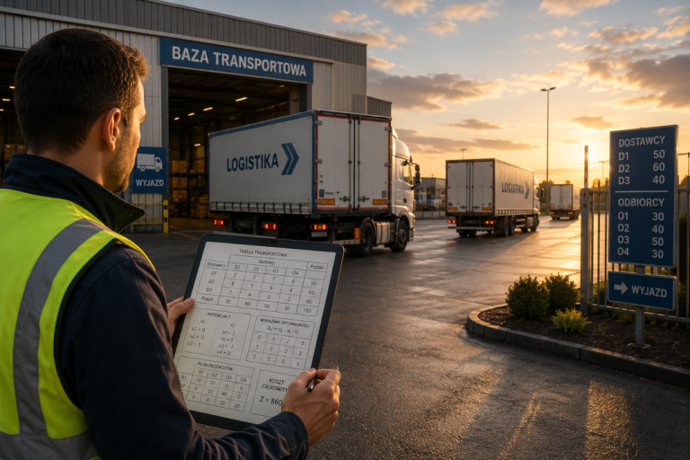 Ilustracja tytułowa do artykułu o zadaniu transportowym. Przedstawia spedytora spoglądającego na ciężarówki z tabelą transportową w ręku.
