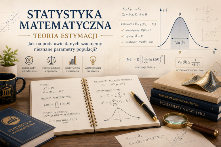 Ilustracja przedstawiająca badanie próby, wykres wyników sondażu oraz przedział ufności wokół oszacowanego wyniku.