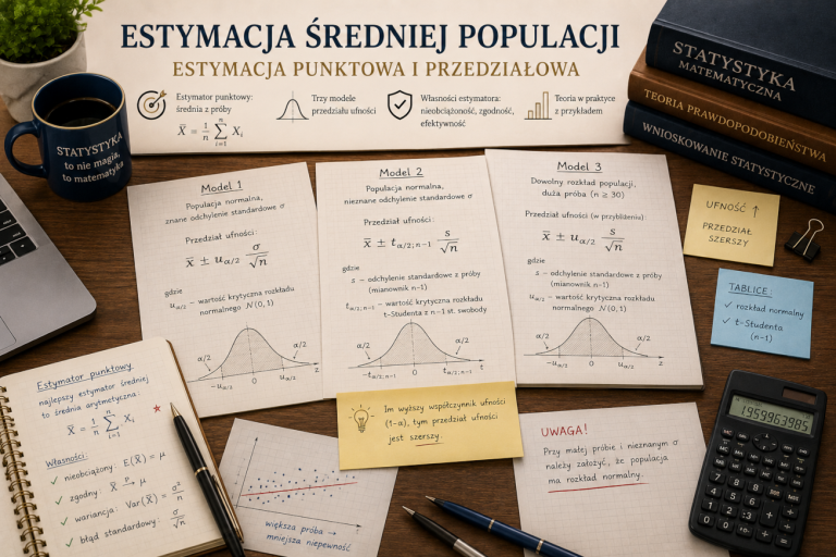 Biurko z kartkami przedstawiającymi trzy modele przedziału ufności dla średniej populacji