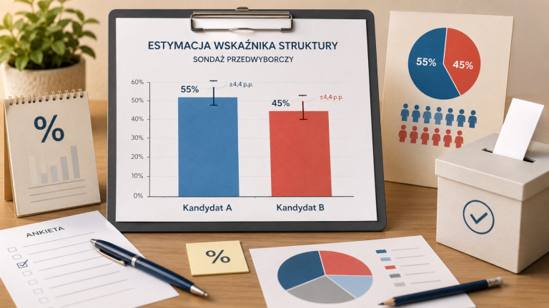 Ilustracja sondażu przedwyborczego z wykresem poparcia dwóch kandydatów i zaznaczonym marginesem błędu.