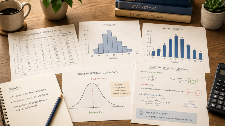 Biurko z kartkami przedstawiającymi histogram, wykres słupkowy, rozkład oraz obliczenia średniej, mediany i odchylenia standardowego.