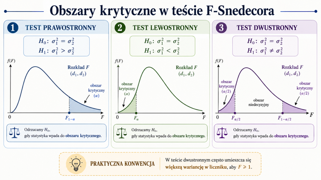 Trzy wykresy rozkładu F-Snedecora przedstawiające obszary krytyczne dla testu prawostronnego, lewostronnego i dwustronnego