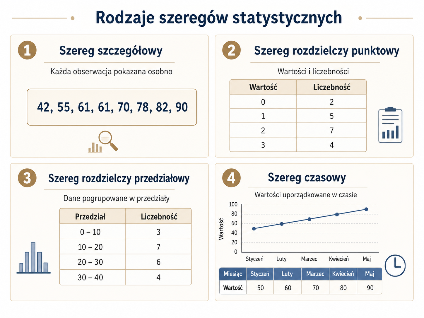 Infografika porównująca cztery rodzaje szeregów statystycznych: szczegółowy, rozdzielczy punktowy, rozdzielczy przedziałowy i czasowy