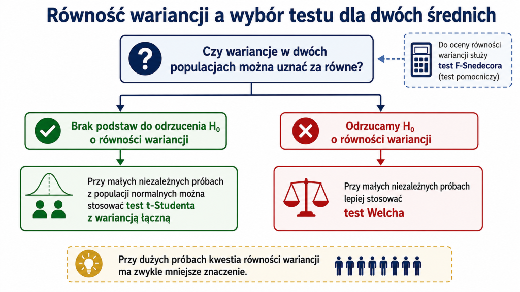 Schemat pokazujący wpływ wyniku testu F-Snedecora na wybór klasycznego testu t-Studenta ze wspólną wariancją lub testu Welcha dla dwóch średnich
