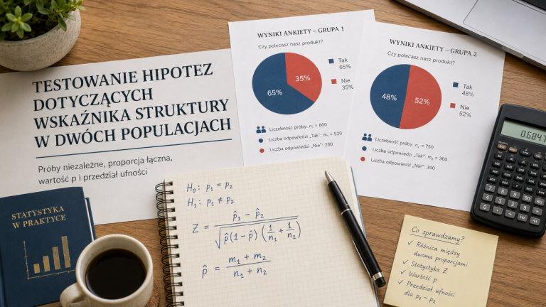 Biurko z wynikami dwóch ankiet, wykresami kołowymi, wzorem testu dla dwóch proporcji oraz notatkami z analizą statystyczną