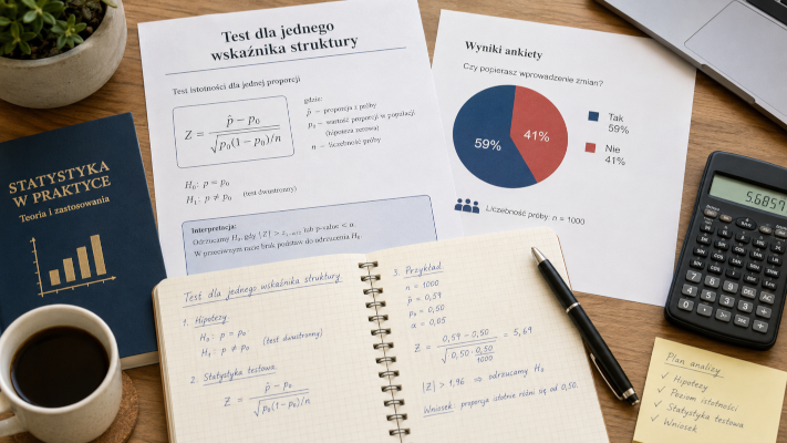 Biurko z wynikami ankiety, wykresem kołowym, wzorem testu dla jednej proporcji oraz notatkami z analizą hipotezy statystycznej