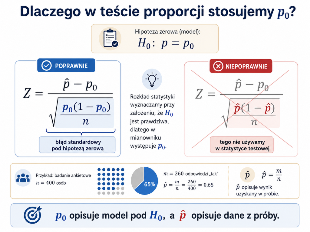 Schemat porównujący proporcję referencyjną p zero i proporcję z próby p z daszkiem we wzorze na błąd standardowy testu dla jednej proporcji