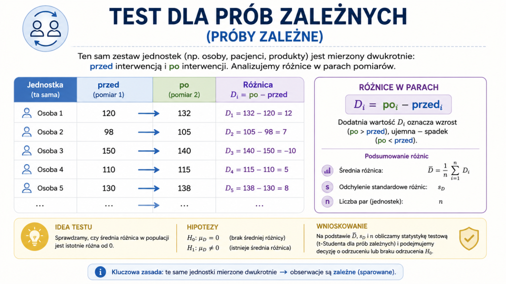 Infografika testu dla prób zależnych z pomiarami tych samych osób przed i po interwencji oraz obliczonymi różnicami w parach