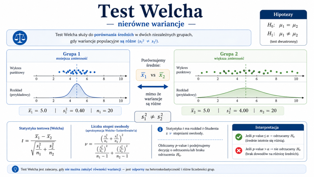 Infografika testu Welcha przedstawiająca dwie niezależne grupy o takich samych średnich, lecz różnym rozproszeniu wyników.