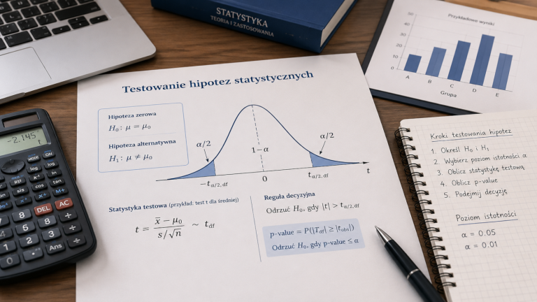 Biurko z materiałami do testowania hipotez statystycznych, wykresem rozkładu t-Studenta, hipotezą zerową i alternatywną oraz notatkami z procedurą testu.