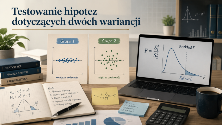 Biurko z wykresami dwóch grup, wzorem testu F-Snedecora i komputerem prezentującym rozkład F