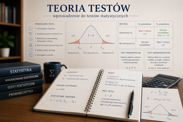 Ilustracja teorii testów statystycznych przedstawiająca hipotezę zerową, obszar krytyczny, błędy pierwszego i drugiego rodzaju oraz moc testu.
