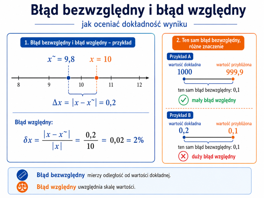 Infografika pokazująca błąd bezwzględny jako odległość między wartością dokładną i przybliżoną oraz błąd względny uwzględniający skalę wartości