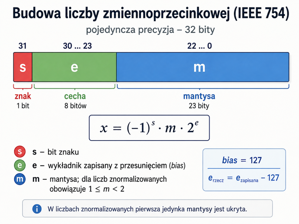Schemat 32-bitowej liczby zmiennoprzecinkowej IEEE 754 podzielonej na bit znaku, ośmiobitową cechę i dwudziestotrzybitową mantysę.