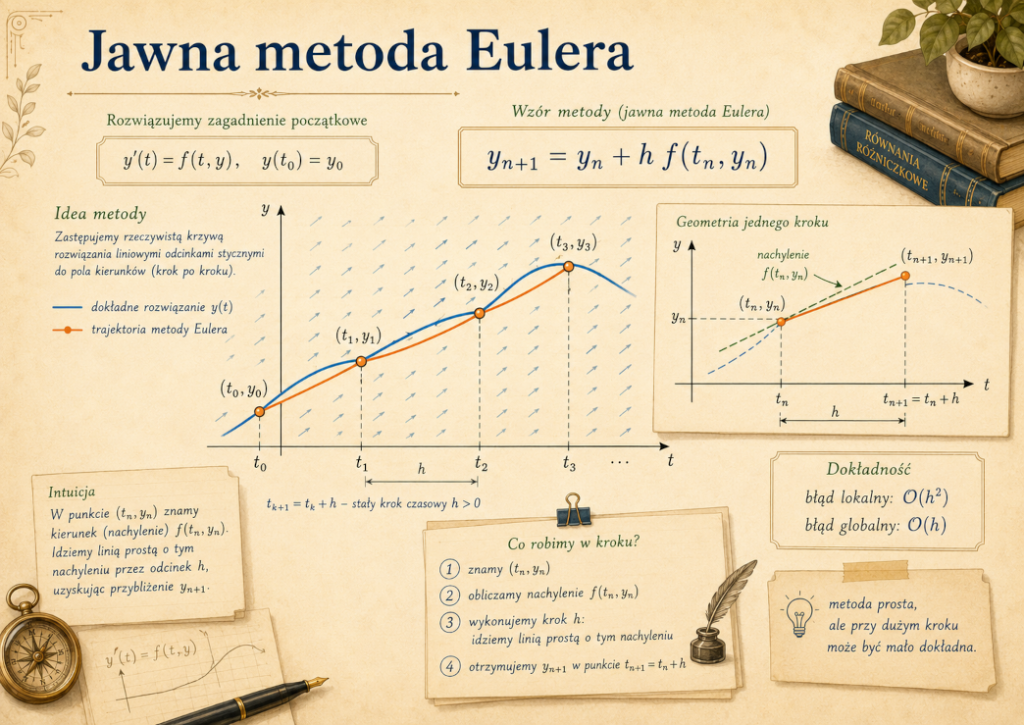 Infografika przedstawiająca jawną metodę Eulera, pole kierunków, kolejne odcinki trajektorii oraz wzór yn+1=yn+hf(tn,yn).