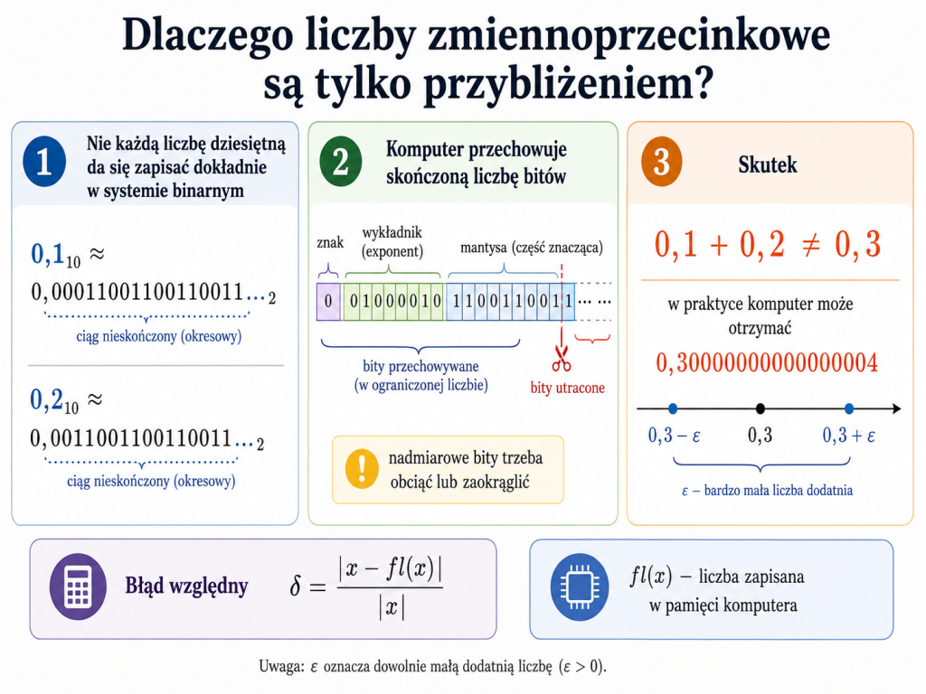 Infografika pokazująca okresowe rozwinięcia binarne liczb 0,1 i 0,2, obcięcie części bitów mantysy oraz wynik dodawania różniący się nieznacznie od 0,3.