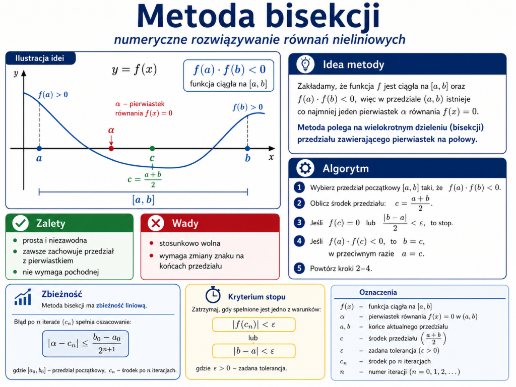 Infografika przedstawiająca metodę bisekcji, podział przedziału na połowy, warunek zmiany znaku funkcji, algorytm, kryterium stopu oraz zbieżność liniową