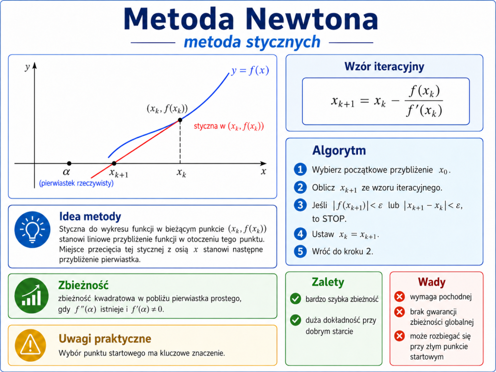 Infografika przedstawiająca metodę Newtona, styczną do wykresu funkcji w punkcie bieżącego przybliżenia, jej przecięcie z osią x oraz wzór iteracyjny