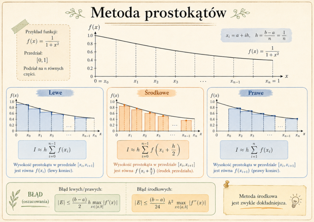 Infografika przedstawiająca lewe, prawe i środkowe prostokąty przybliżające pole pod wykresem funkcji 1/(1+x^2), wraz ze wzorami i oszacowaniami błędów.