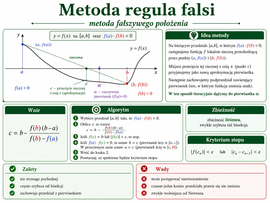 Infografika przedstawiająca metodę regula falsi, sieczną przechodzącą przez końce przedziału, punkt przecięcia z osią x, algorytm i kryteria zbieżności