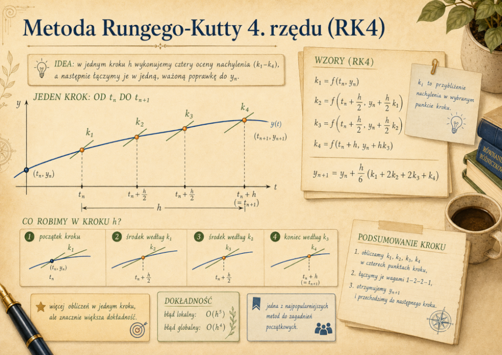 Infografika przedstawiająca cztery nachylenia k1, k2, k3 i k4 wykorzystywane w jednym kroku metody Rungego–Kutty RK4.
