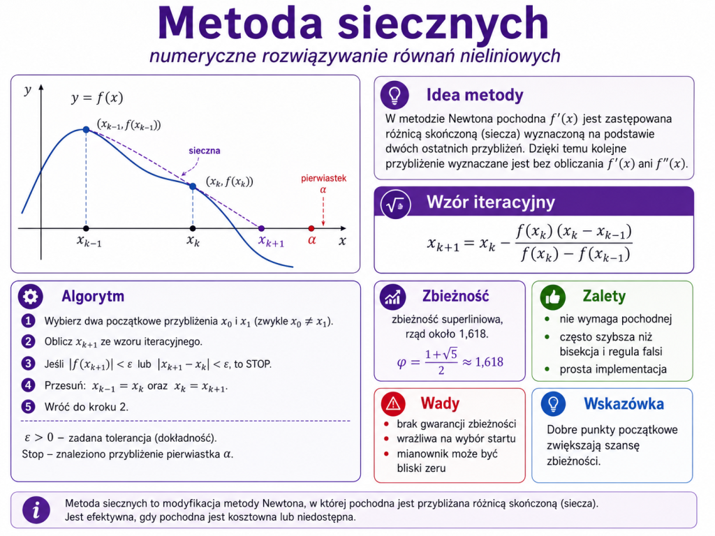 Infografika przedstawiająca metodę siecznych, dwa kolejne przybliżenia pierwiastka, sieczną wykresu funkcji, wzór iteracyjny oraz zbieżność superliniową.