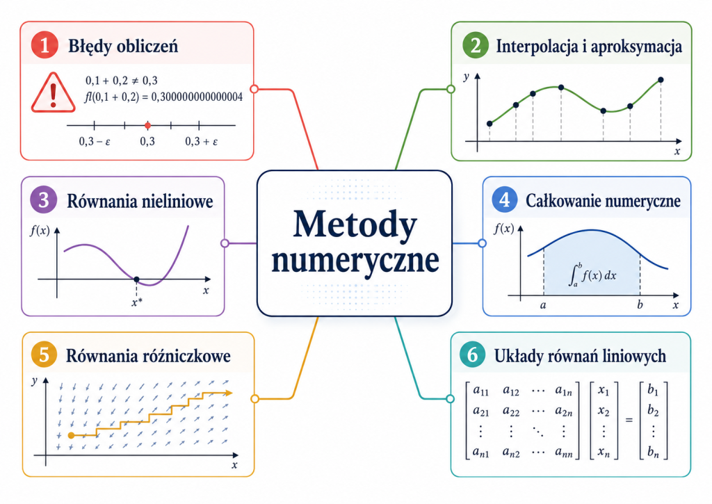 Infografika przedstawiająca główne zagadnienia metod numerycznych: błędy obliczeń, interpolację i aproksymację, równania nieliniowe, całkowanie numeryczne, równania różniczkowe i układy równań liniowych.