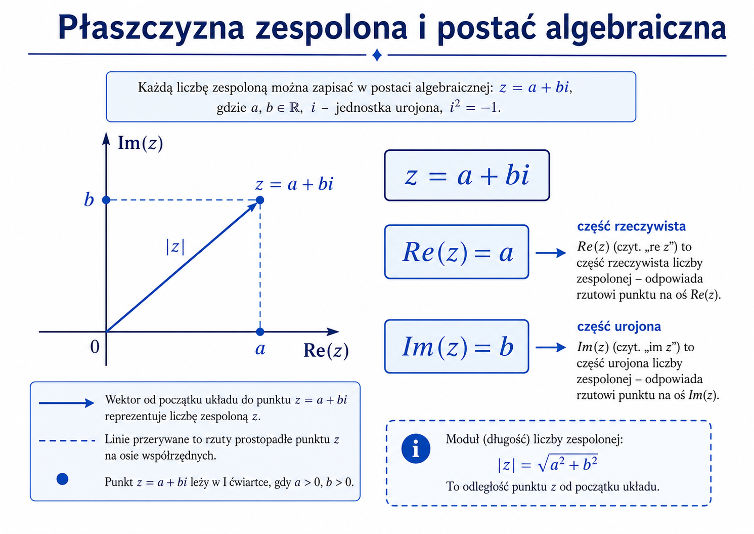 Liczba z równa a plus bi przedstawiona jako punkt i wektor na płaszczyźnie zespolonej